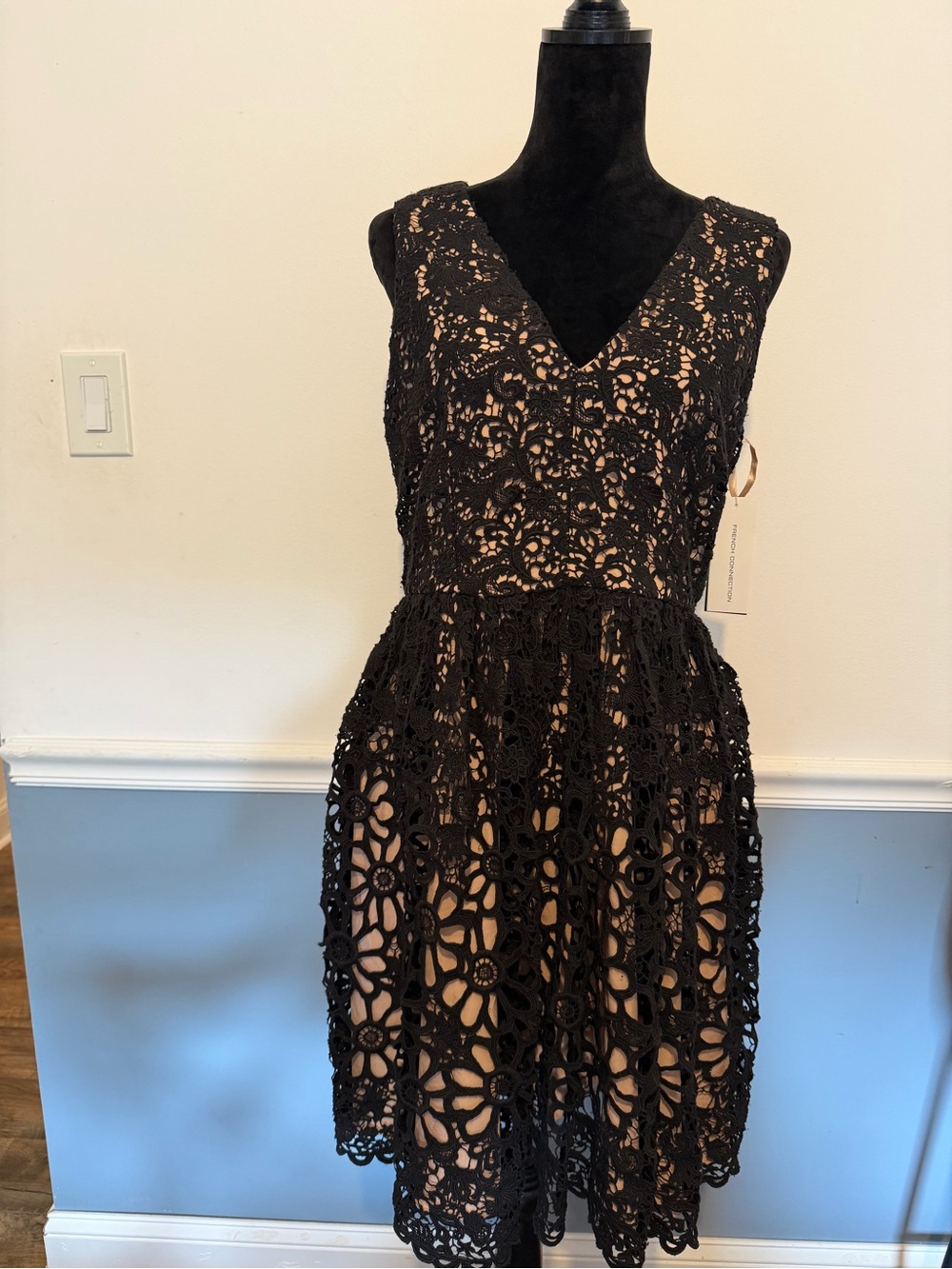 French Connection Black Crochet Lace V-Neck Dress with Nude Lining